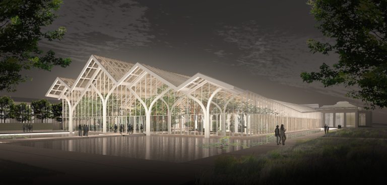 rendering of a glass conservatory at night appearing to float on water